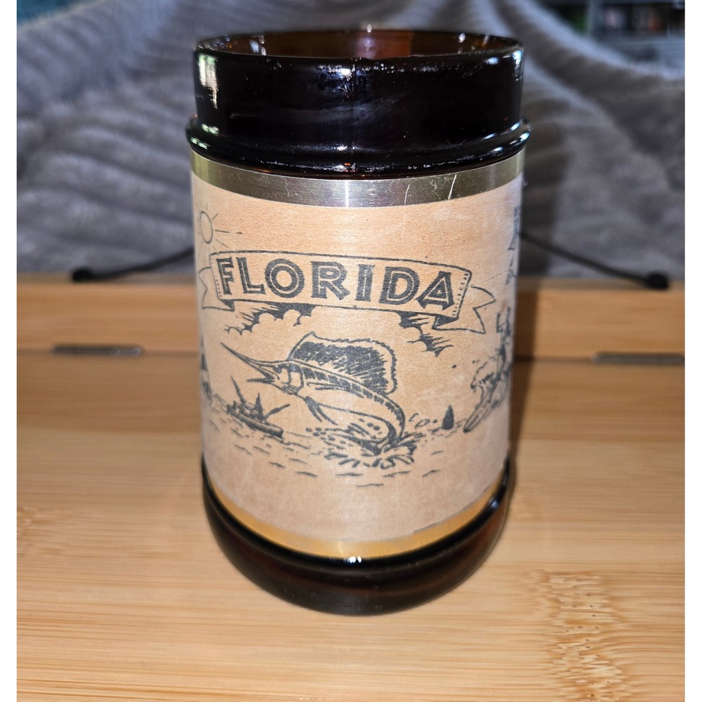 Vintage Florida Souvenir Amber Glass Beer Stein Wood Wrap Bentwood Handle 5.75in